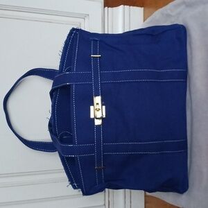 Boatkin Birkin Look Navy Blue Tote Bag with Gold Accents